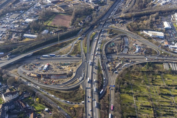 Aerial view, construction site due to A43 extension, motorway junction Herne, motorway A42, motorway A43, Baukau-West, Herne, Ruhr area, North Rhine-Westphalia, Germany, motorway, motorway bridge, motorway junction, construction work, construction, construction vehicles, construction area, construction site, construction site, construction project, construction site, DE, renewal, Europe, aerial view, aerial photography, aerial photography, overview, bird's eye view, birds-eyes view, overview