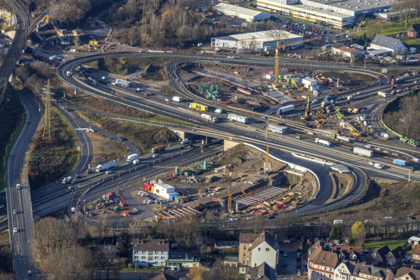 Aerial view, construction site due to A43 extension, motorway junction Herne, motorway A42, motorway A43, Baukau-West, Herne, Ruhr area, North Rhine-Westphalia, Germany, motorway, motorway bridge, motorway junction, construction work, construction, construction vehicles, construction area, construction site, construction site, construction project, construction site, DE, renewal, Europe, aerial view, aerial photography, aerial photography, overview, bird's eye view, birds-eyes view, overview