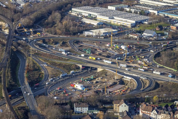 Aerial view, construction site due to A43 extension, motorway junction Herne, motorway A42, motorway A43, Baukau-West, Herne, Ruhr area, North Rhine-Westphalia, Germany, motorway, motorway bridge, motorway junction, construction work, construction, construction vehicles, construction area, construction site, construction site, construction project, construction site, DE, renewal, Europe, aerial view, aerial photography, aerial photography, overview, bird's eye view, birds-eyes view, overview
