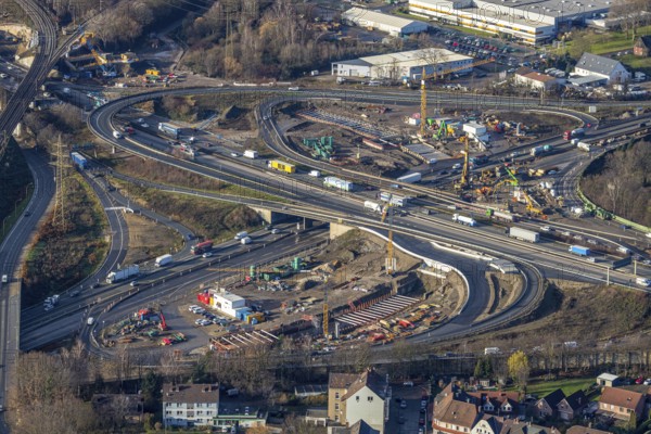 Aerial view, construction site due to A43 extension, motorway junction Herne, motorway A42, motorway A43, Baukau-West, Herne, Ruhr area, North Rhine-Westphalia, Germany, motorway, motorway bridge, motorway junction, construction work, construction, construction vehicles, construction area, construction site, construction site, construction project, construction site, DE, renewal, Europe, aerial view, aerial photography, aerial photography, overview, bird's eye view, birds-eyes view, overview