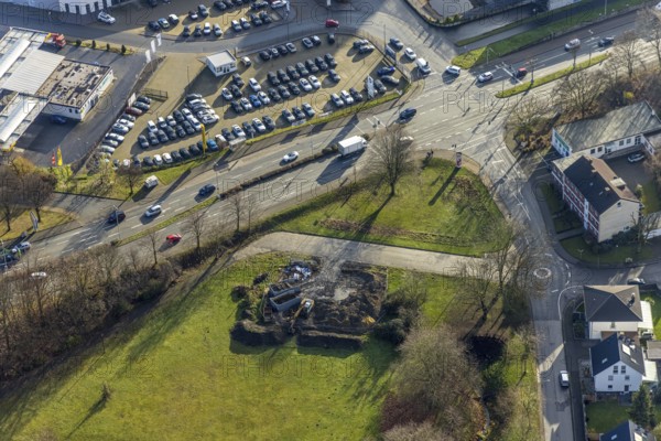 Aerial view, construction site Im Hasenkamp, corner Albert-Einstein-Straße, Holsterhausen, Herne, Ruhr area, North Rhine-Westphalia, Germany, construction work, construction, construction area, building site, building plots, construction project, construction site, DE, Europe, roundabout, roundabout, aerial view, aerial photography, aerial photography, new building, overview, bird's eye view, birds-eyes view, overview