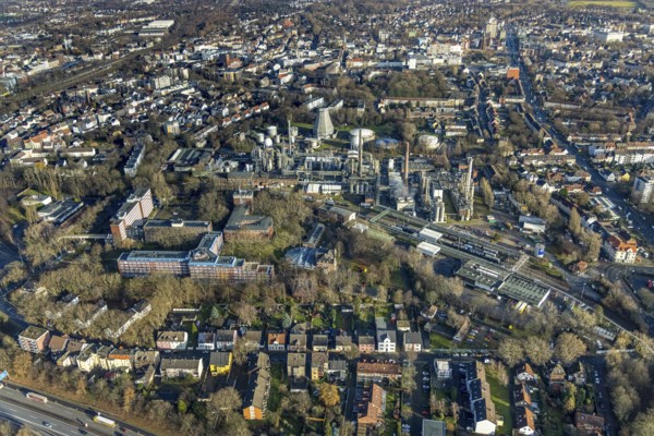 Aerial view, chemical plant Ineos Solvents Germany, RAG AG, Herne-Mitte, Herne, Ruhr area, North Rhine-Westphalia, Germany, DE, Europe, commercial enterprises, commercial area, commercial park, commercial location, commercial use, industrial area, industrial building, industrial location, aerial photograph, aerial photography, aerial photography, overview, bird's-eye view, birds-eyes view, overview