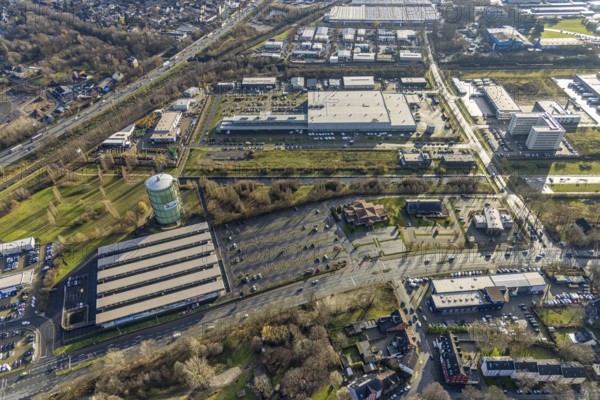Aerial view, gasometer Herne, industrial area Lindenallee, Holsterhausen, Herne, Ruhr area, North Rhine-Westphalia, Germany, DE, DECATHLON Herne, Europe, commercial enterprises, commercial area, commercial park, commercial location, commercial use, industrial plants, industrial area, industrial site, job centre Herne, aerial view, aerial photography, aerial photography, Rhine-Ruhr metropolitan region, Sanacorp Pharmahandel GmbH, overview, bird's-eye view, birds-eyes view, overview, sports shop, discounter, Hibernia dog park, Hibernia industrial estate