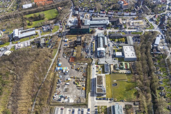 Aerial view, industrial area, former coal mine, double trestle winding tower of the former Pluto colliery in Wanne-Eickel, Herne, Ruhr area, North Rhine-Westphalia, Germany, DE, Europe, birds-eyes, view, aerial photography, aerial photography, overview, overview, bird's eye view, former, industry, industrial culture, industrial history, trade, economy, commercial enterprise, production, trade
