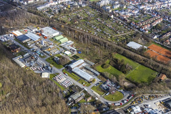 Aerial view, industrial area, former coal mine, double trestle winding tower of the former Pluto colliery in Wanne-Eickel, Herne, Ruhr area, North Rhine-Westphalia, Germany, DE, Europe, birds-eyes, view, aerial photography, aerial photography, overview, overview, bird's eye view, former, industry, industrial culture, industrial history, trade, economy, commercial enterprise, production, trade