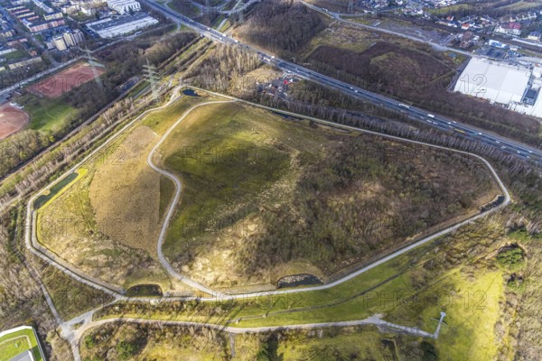 Aerial view, Pluto-Wilhelm mountain dump with Pluto observation tower, Herne, Ruhr area, North Rhine-Westphalia, Germany, DE, Europe, birds-eyes, view, aerial photograph, aerial photography, aerial photography, overview, bird's-eye view, industrial history, industrial culture, sight