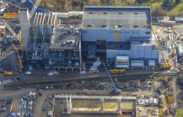Aerial photograph, STEAG Herne combined heat and power plant on the Rhine-Herne Canal, construction site of Steag's new gas and steam power plant, Baukau-West, Herne, Ruhr area, North Rhine-Westphalia, Germany, construction work, construction, construction area, construction site, construction measure, construction project, construction site, DE, E-Werk, Europe, district heating, combined cycle power plant, Hertener Straße, power plant, aerial view, aerial photography, aerial photography, Rhine-Ruhr metropolitan region, new construction, coal-fired power plant, overview, bird's-eye view, overview