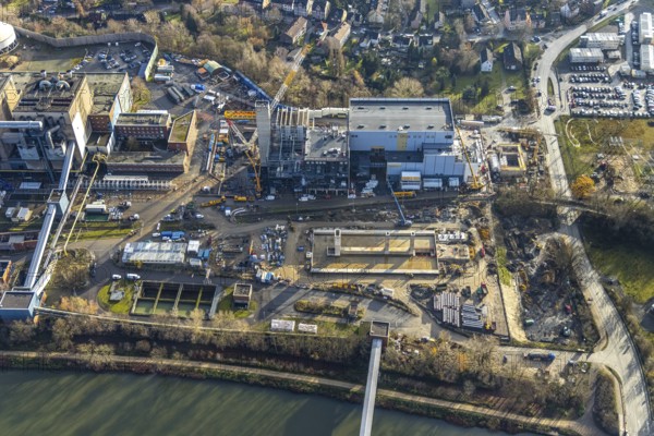 Aerial photograph, STEAG Herne combined heat and power plant on the Rhine-Herne Canal, construction site of Steag's new gas and steam power plant, Baukau-West, Herne, Ruhr area, North Rhine-Westphalia, Germany, construction work, construction, construction area, construction site, construction measure, construction project, construction site, DE, E-Werk, Europe, district heating, combined cycle power plant, Hertener Straße, power plant, aerial view, aerial photography, aerial photography, Rhine-Ruhr metropolitan region, new construction, coal-fired power plant, overview, bird's-eye view, overview
