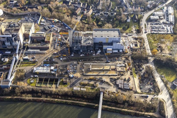 Aerial photograph, STEAG Herne combined heat and power plant on the Rhine-Herne Canal, construction site of Steag's new gas and steam power plant, Baukau-West, Herne, Ruhr area, North Rhine-Westphalia, Germany, construction work, construction, construction area, construction site, construction measure, construction project, construction site, DE, E-Werk, Europe, district heating, combined cycle power plant, Hertener Straße, power plant, aerial view, aerial photography, aerial photography, Rhine-Ruhr metropolitan region, new construction, coal-fired power plant, overview, bird's-eye view, overview