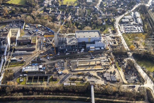 Aerial photograph, STEAG Herne combined heat and power plant on the Rhine-Herne Canal, construction site of Steag's new gas and steam power plant, Baukau-West, Herne, Ruhr area, North Rhine-Westphalia, Germany, construction work, construction, construction area, construction site, construction measure, construction project, construction site, DE, E-Werk, Europe, district heating, combined cycle power plant, Hertener Straße, power plant, aerial view, aerial photography, aerial photography, Rhine-Ruhr metropolitan region, new construction, coal-fired power plant, overview, bird's-eye view, overview