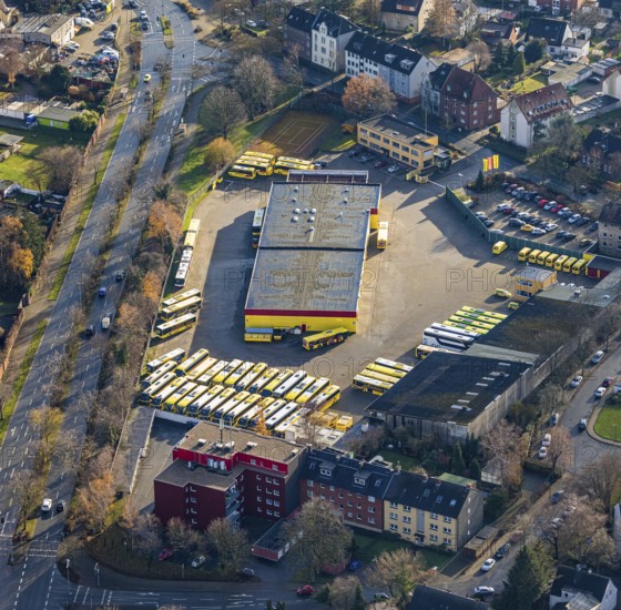 Aerial photo, Graf Reisen bus company, Röhlinghausen, Herne, Ruhr area, North Rhine-Westphalia, Germany, bus travel, buses, DE, Edmund-Weber-Straße, Europe, commercial enterprises, commercial area, commercial park, commercial location, commercial use, industrial area, industrial building, industrial location, aerial photograph, aerial photography, aerial photography, overview, bird's-eye view, birds-eyes view, overview