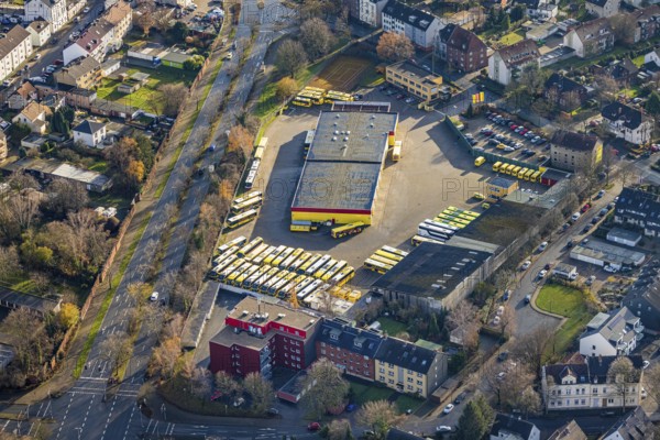 Aerial photo, Graf Reisen bus company, Röhlinghausen, Herne, Ruhr area, North Rhine-Westphalia, Germany, bus travel, buses, DE, Edmund-Weber-Straße, Europe, commercial enterprises, commercial area, commercial park, commercial location, commercial use, industrial area, industrial building, industrial location, aerial photograph, aerial photography, aerial photography, overview, bird's-eye view, birds-eyes view, overview