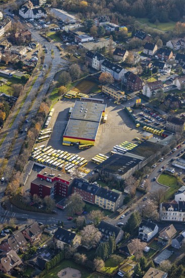 Aerial photo, Graf Reisen bus company, Röhlinghausen, Herne, Ruhr area, North Rhine-Westphalia, Germany, bus travel, buses, DE, Edmund-Weber-Straße, Europe, commercial enterprises, commercial area, commercial park, commercial location, commercial use, industrial area, industrial building, industrial location, aerial photograph, aerial photography, aerial photography, overview, bird's-eye view, birds-eyes view, overview
