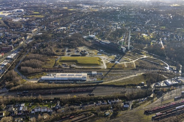 Aerial view, construction site new Stadler Schienenfahrzeuge branch, former General Blumenthal mine site, former Uniper Shamrock power plant, Wanne-Süd, Herne, Ruhr area, North Rhine-Westphalia, Germany, railway tracks, DE, Europe, commercial enterprises, commercial area, commercial site, commercial use, industrial facilities, industrial area, industrial site, Kastanienallee, aerial view, aerial photography, aerial photography, Rhine-Ruhr metropolitan region, overview, bird's-eye view, bird's-eye view, overview