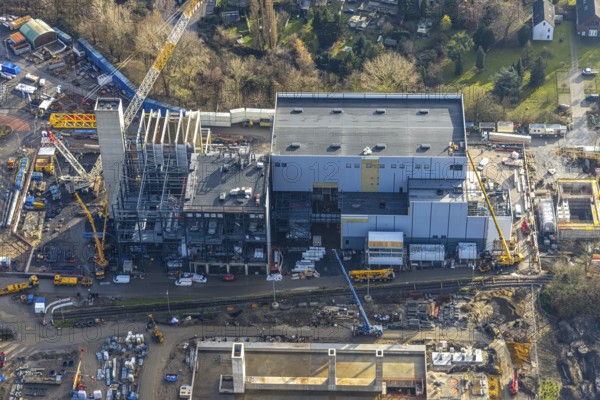 Aerial photograph, STEAG Herne combined heat and power plant on the Rhine-Herne Canal, construction site of Steag's new gas and steam power plant, Baukau-West, Herne, Ruhr area, North Rhine-Westphalia, Germany, construction work, construction, construction area, construction site, construction measure, construction project, construction site, DE, E-Werk, Europe, district heating, combined cycle power plant, Hertener Straße, power plant, aerial view, aerial photography, aerial photography, Rhine-Ruhr metropolitan region, new construction, coal-fired power plant, overview, bird's-eye view, overview
