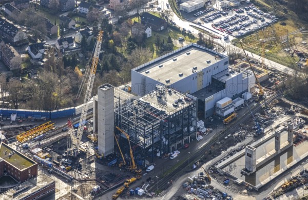 Aerial photograph, STEAG Herne combined heat and power plant on the Rhine-Herne Canal, construction site of Steag's new gas and steam power plant, Baukau-West, Herne, Ruhr area, North Rhine-Westphalia, Germany, construction work, construction, construction area, construction site, construction measure, construction project, construction site, DE, E-Werk, Europe, district heating, combined cycle power plant, Hertener Straße, power plant, aerial view, aerial photography, aerial photography, Rhine-Ruhr metropolitan region, new construction, coal-fired power plant, overview, bird's-eye view, overview