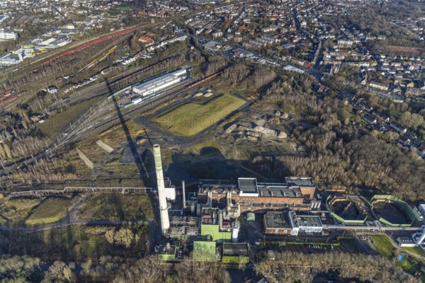 Aerial view, construction site new Stadler Schienenfahrzeuge branch, former General Blumenthal mine site, former Uniper Shamrock power plant, Wanne-Süd, Herne, Ruhr area, North Rhine-Westphalia, Germany, railway tracks, DE, Europe, commercial enterprises, commercial area, commercial site, commercial use, industrial facilities, industrial area, industrial site, Kastanienallee, aerial view, aerial photography, aerial photography, Rhine-Ruhr metropolitan region, overview, bird's-eye view, bird's-eye view, overview