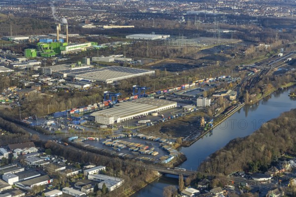 Aerial view, commercial area Am Westhafen, CTH Container Terminal Herne GmbH, Müller - Die lila Logistik AG, Rhein-Herne-Kanal, Unser Fritz, Herne, Ruhr area, North Rhine-Westphalia, Germany, Container, DE, Europe, commercial enterprises, commercial area, commercial park, commercial location, commercial use, freight transport, industrial facilities, industrial area, industrial location, logistics, logistics service, logistics service provider, logistics provider, aerial view, aerial photography, aerial photography, Rhine-Ruhr metropolitan region, transport, overview, bird's-eye view, overview