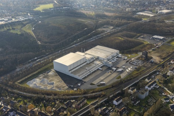Aerial view, Nordfrost logistics centre, former colliery Unser Fritz, Am Malakowturm, Unser Fritz, Herne, Ruhr area, North Rhine-Westphalia, Germany, premises, DE, Europe, freight transport, logistics, logistics service, logistics centre, aerial photograph, aerial photography, aerial photography, Rhine-Ruhr metropolitan region, freight forwarding, deep-freeze logistics centre, transport, transport service, overview, bird's-eye view, birds-eyes view, former colliery, overview
