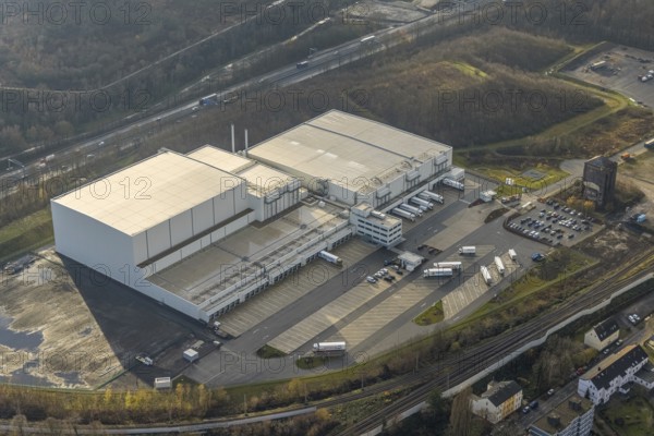 Aerial view, Nordfrost logistics centre, former colliery Unser Fritz, Am Malakowturm, Unser Fritz, Herne, Ruhr area, North Rhine-Westphalia, Germany, premises, DE, Europe, freight transport, logistics, logistics service, logistics centre, aerial photograph, aerial photography, aerial photography, Rhine-Ruhr metropolitan region, freight forwarding, deep-freeze logistics centre, transport, transport service, overview, bird's-eye view, birds-eyes view, former colliery, overview