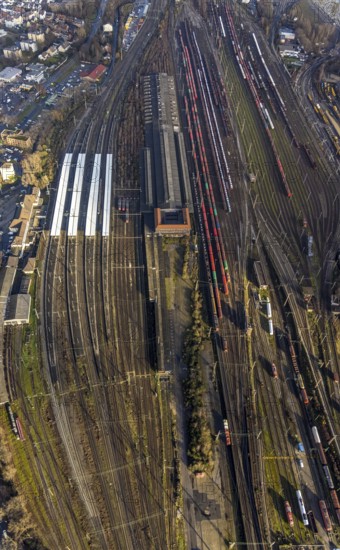 Aerial view, Wanne-Eickel main station, Wanne, Herne, Ruhr area, North Rhine-Westphalia, Germany, railway tracks, railway station, DE, Deutsche Bahn AG, Europe, main station, central station, aerial view, aerial photography, aerial photography, overview, bird's-eye view, overview