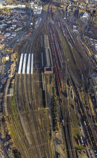 Aerial view, Wanne-Eickel main station, Wanne, Herne, Ruhr area, North Rhine-Westphalia, Germany, railway tracks, railway station, DE, Deutsche Bahn AG, Europe, main station, central station, aerial view, aerial photography, aerial photography, overview, bird's-eye view, overview