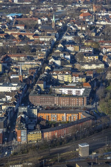 Aerial view, city view main street, Wanne, Herne, Ruhr area, North Rhine-Westphalia, Germany, place of worship, DE, Europe, religious community, place of worship, property tax, holy place, real estate, church, church community, denomination, aerial photograph, aerial photography, aerial photography, religion, religious site, overview, bird's eye view, residential area, living and life, residential area, residential buildings, quality of life, residential neighbourhood, housing estate, birds-eyes view, overview