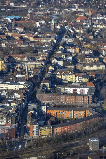 Aerial view, city view main street, Wanne, Herne, Ruhr area, North Rhine-Westphalia, Germany, place of worship, DE, Europe, religious community, place of worship, property tax, holy place, real estate, church, church community, denomination, aerial photograph, aerial photography, aerial photography, religion, religious site, overview, bird's eye view, residential area, living and life, residential area, residential buildings, quality of life, residential neighbourhood, housing estate, birds-eyes view, overview