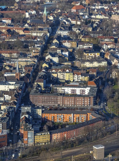 Aerial view, city view main street, Wanne, Herne, Ruhr area, North Rhine-Westphalia, Germany, place of worship, DE, Europe, religious community, place of worship, property tax, holy place, real estate, church, church community, denomination, aerial photograph, aerial photography, aerial photography, religion, religious site, overview, bird's eye view, residential area, living and life, residential area, residential buildings, quality of life, residential neighbourhood, housing estate, birds-eyes view, overview