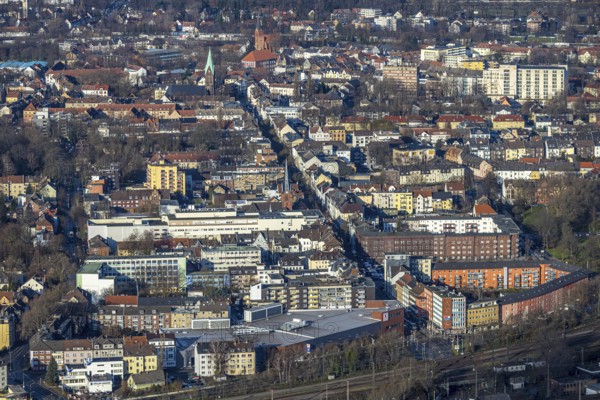 Aerial view, city view main street, Wanne, Herne, Ruhr area, North Rhine-Westphalia, Germany, place of worship, DE, Europe, religious community, place of worship, property tax, holy place, real estate, church, church community, denomination, aerial photograph, aerial photography, aerial photography, religion, religious site, overview, bird's eye view, residential area, living and life, residential area, residential buildings, quality of life, residential neighbourhood, housing estate, birds-eyes view, overview