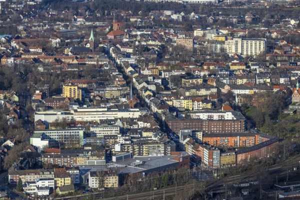 Aerial view, city view main street, Christuskirche, catholic church St. Laurentius, Wanne, Herne, Ruhr area, North Rhine-Westphalia, Germany, place of worship, DE, Europe, religious community, place of worship, property tax, holy place, real estate, church, parish, denomination, aerial view, aerial photography, aerial photography, religion, religious site, overview, bird's-eye view, residential area, living and life, residential area, residential buildings, quality of life, residential neighbourhood, housing estate, birds-eyes view, overview