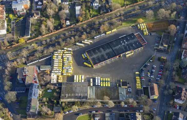 Aerial photo, Graf Reisen bus company, Röhlinghausen, Herne, Ruhr area, North Rhine-Westphalia, Germany, bus travel, buses, DE, Edmund-Weber-Straße, Europe, commercial enterprises, commercial area, commercial park, commercial location, commercial use, industrial area, industrial building, industrial location, aerial photograph, aerial photography, aerial photography, overview, bird's-eye view, birds-eyes view, overview
