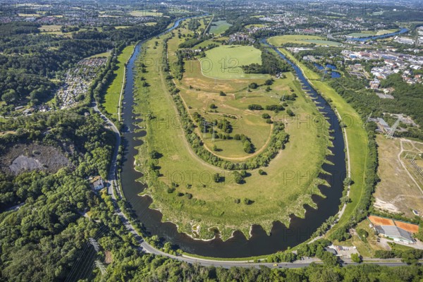 Aerial view, Hattinger Ruhrschleife, Ruhraue Winz, river Ruhr, district Winz, Hattingen, Ruhr area, North Rhine-Westphalia, Germany, DE, Ennepe-Ruhr-Kreis, Europe, distant view, towpath, aerial view, aerial photography, aerial photography, Ruhrbogen, overview, riverbank inlets, bird's-eye view, overview