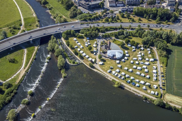 Aerial view, Ruhrbrücke Bochumer Straße, Campingplatz Ruhrbrücke, Hattingen, Ruhr area, North Rhine-Westphalia, Germany, bridge, camping, camping site, camping mobile, camping site, Campingplatz Stolle Ruhrbrücke, DE, Ennepe-Ruhr-Kreis, Europe, aerial view, aerial photography, aerial photography, Ruhrbrücke, overview, bird's eye view, motorhome, caravan, birds-eyes view, overview