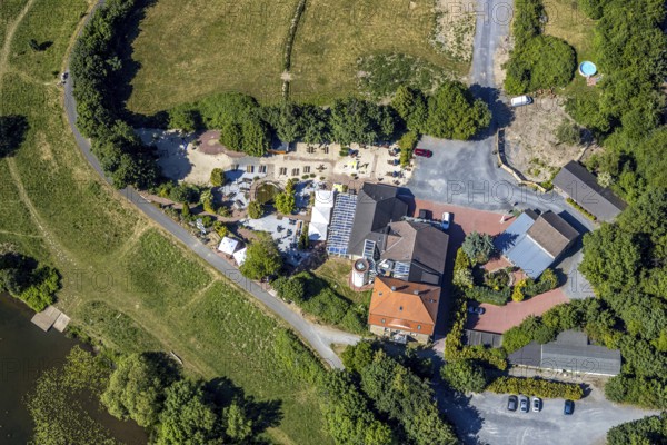 Aerial view, Landhaus Grum, Hattingen, Ruhr area, North Rhine-Westphalia, Germany, outdoor catering, beer garden, café, DE, Ennepe-Ruhr-Kreis, Europe, inn, gastronomy, aerial view, aerial photography, aerial photography, restaurant, overview, bird's eye view, birds-eyes view, overview