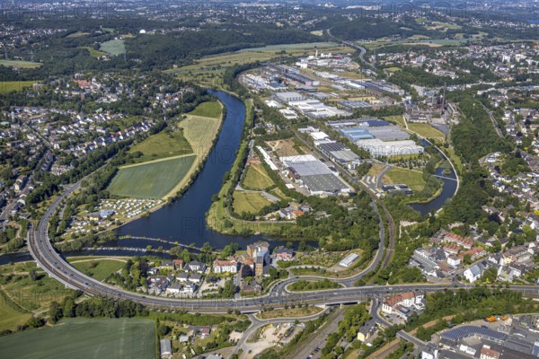 Aerial view, Ruhrbrücke Bochumer Straße, camping site Ruhrbrücke, industrial park and landscape park Henrichshütte, Werksstraße, LWL-Industriemuseum Henrichshütte, lock Hattingen, Hattingen, Ruhr area, North Rhine-Westphalia, Germany, bridge, camping, camping site, camping site, camping site Stolle Ruhrbrücke, DE, Ennepe-Ruhr-Kreis, Europe, aerial view, aerial photography, aerial photography, Ruhrbrücke, overview, bird's-eye view, motorhome, caravan, birds-eyes view, overview