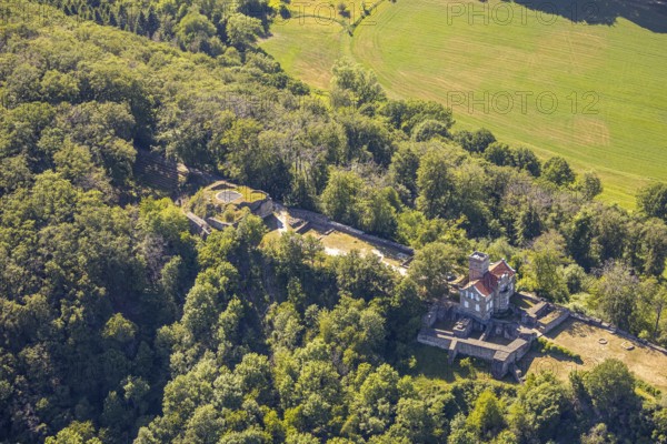 Aerial view, Isenberg Castle, Isenburg, Hattingen, Ruhr area, North Rhine-Westphalia, Germany, castle, DE, Ennepe-Ruhr district, Europe, manor house, manor building, aerial view, aerial photography, aerial photography, ruin, sight, tower, overview, defence system, bird's eye view, forest area, birds-eyes view, historical, overview