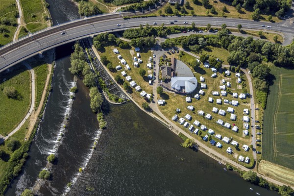 Aerial view, Ruhrbrücke Bochumer Straße, Campingplatz Ruhrbrücke, Hattingen, Ruhr area, North Rhine-Westphalia, Germany, bridge, camping, camping site, camping mobile, camping site, Campingplatz Stolle Ruhrbrücke, DE, Ennepe-Ruhr-Kreis, Europe, aerial view, aerial photography, aerial photography, Ruhrbrücke, overview, bird's eye view, motorhome, caravan, birds-eyes view, overview