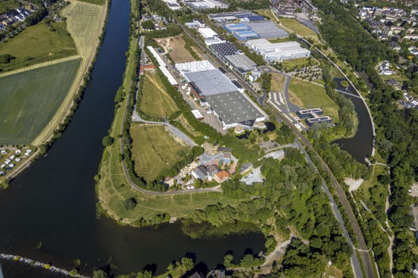 Aerial view, river Ruhr, Landhaus Grum, industrial park and landscape park Henrichshütte, Hattingen, Ruhr area, North Rhine-Westphalia, Germany, outdoor gastronomy, beer garden, café, DE, Ennepe-Ruhr district, Europe, inn, gastronomy, commercial enterprises, commercial area, commercial location, commercial use, industrial plants, industrial area, industrial location, aerial view, aerial photography, aerial photography, aerial photography, restaurant, overview, bird's-eye view, birds-eyes view, overview