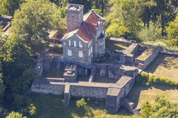 Aerial view, Isenberg Castle, Isenburg, Hattingen, Ruhr area, North Rhine-Westphalia, Germany, castle, DE, Ennepe-Ruhr district, Europe, manor house, manor building, aerial view, aerial photography, aerial photography, ruin, sight, tower, overview, defence system, bird's eye view, forest area, birds-eyes view, historical, overview
