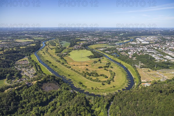 Aerial view, Hattinger Ruhrschleife, Ruhraue Winz, river Ruhr, district Winz, Hattingen, Ruhr area, North Rhine-Westphalia, Germany, DE, Ennepe-Ruhr-Kreis, Europe, distant view, towpath, aerial view, aerial photography, aerial photography, Ruhrbogen, overview, riverbank inlets, bird's-eye view, overview