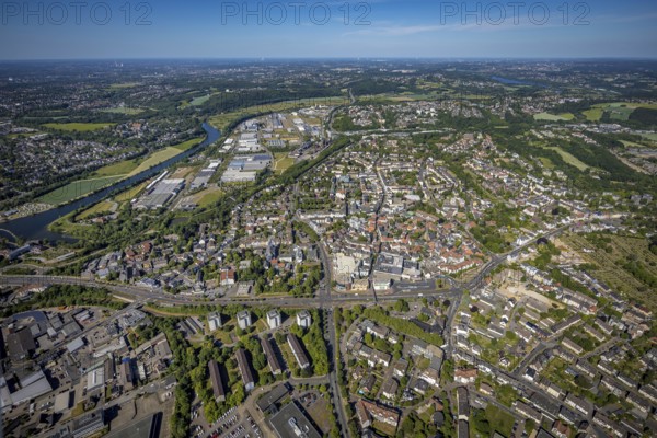 Aerial view, river Ruhr, city centre, old town, district Welper, industrial park and landscape park Henrichshütte, Hattingen, Ruhr area, North Rhine-Westphalia, Germany, local court, place of worship, DE, shopping, shopping centre, shopping markets, shopping place, shopping centre, Ennepe-Ruhr district, Europe, Protestant church St.-Georgs, distant view, religious community, place of worship, church, parish, denomination, aerial view, aerial photography, aerial photography, local supply centre, Reschop Carré, overview, bird's-eye view, birds-eyes view, catholic church St. Peter and Paul, overview
