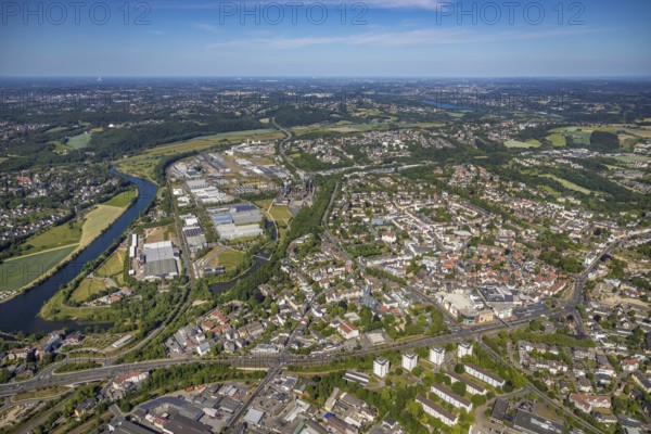 Aerial view, river Ruhr, city centre, old town, district Welper, industrial park and landscape park Henrichshütte, Hattingen, Ruhr area, North Rhine-Westphalia, Germany, local court, place of worship, DE, shopping, shopping centre, shopping markets, shopping place, shopping centre, Ennepe-Ruhr district, Europe, Protestant church St.-Georgs, distant view, religious community, place of worship, church, parish, denomination, aerial view, aerial photography, aerial photography, local supply centre, Reschop Carré, overview, bird's-eye view, birds-eyes view, catholic church St. Peter and Paul, overview