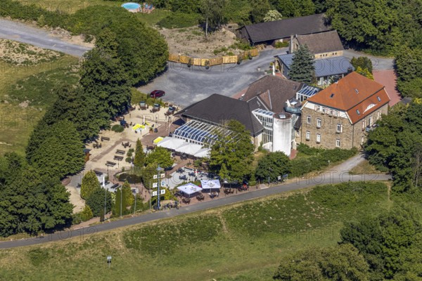 Aerial view, Landhaus Grum, Hattingen, Ruhr area, North Rhine-Westphalia, Germany, outdoor catering, beer garden, café, DE, Ennepe-Ruhr-Kreis, Europe, inn, gastronomy, aerial view, aerial photography, aerial photography, restaurant, overview, bird's eye view, birds-eyes view, overview