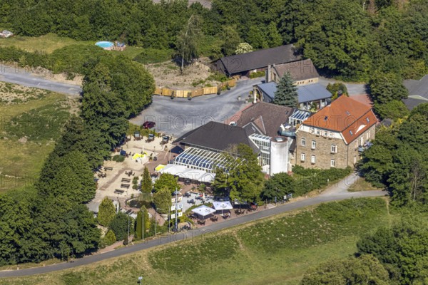 Aerial view, Landhaus Grum, Hattingen, Ruhr area, North Rhine-Westphalia, Germany, outdoor catering, beer garden, café, DE, Ennepe-Ruhr-Kreis, Europe, inn, gastronomy, aerial view, aerial photography, aerial photography, restaurant, overview, bird's eye view, birds-eyes view, overview