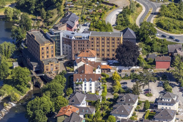 Aerial view, Hotel Birschel-Mühle, river Ruhr, lock, Hattingen, Ruhr area, North Rhine-Westphalia, Germany, Arena, DE, monument protection, Ennepe-Ruhr district, Europe, gastronomy, hotel, hotel facilities, hotel business, aerial view, aerial photography, aerial photography, Schleusenstraße, service apartment complex, overview, bird's-eye view, overview