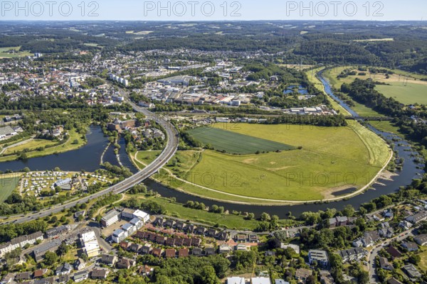 Aerial view, Ruhrbrücke Bochumer Straße, Campingplatz Ruhrbrücke, Hattingen, Ruhr area, North Rhine-Westphalia, Germany, bridge, camping, camping site, camping mobile, camping site, Campingplatz Stolle Ruhrbrücke, DE, Ennepe-Ruhr-Kreis, Europe, towpath, aerial view, aerial photography, aerial photography, Ruhrbrücke, overview, bird's-eye view, motorhome, caravan, birds-eyes view, overview