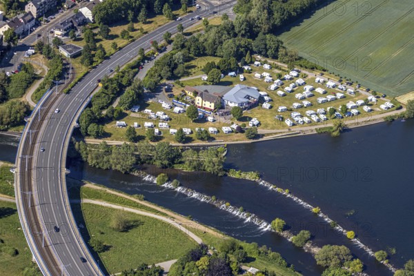 Aerial view, Ruhrbrücke Bochumer Straße, Campingplatz Ruhrbrücke, Hattingen, Ruhr area, North Rhine-Westphalia, Germany, bridge, camping, camping site, camping mobile, camping site, Campingplatz Stolle Ruhrbrücke, DE, Ennepe-Ruhr-Kreis, Europe, aerial view, aerial photography, aerial photography, Ruhrbrücke, overview, bird's eye view, motorhome, caravan, birds-eyes view, overview