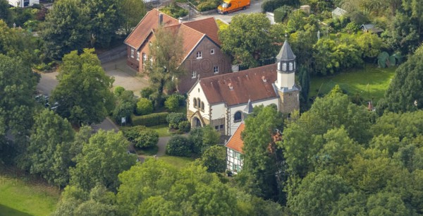Aerial view, Chapel St. Jakobus Abtsküche, Museum Abtsküche, Heiligenhaus, Ruhr area, North Rhine-Westphalia, Germany, place of worship, DE, Europe, religious community, place of worship, green trees, local history collection of the Heiligenhaus Historical Society, chapel, church, parish, denomination, aerial view, aerial photography, aerial photography, museum, religion, overview, bird's-eye view, wooded area, bird's-eye view, overview, Hofcafe Abtsküche