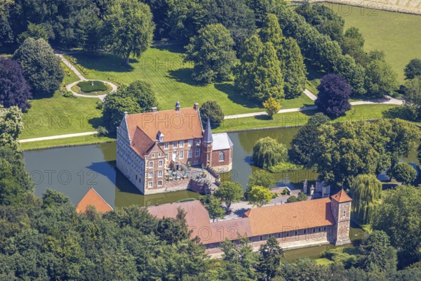 Aerial view, Burg Hülshoff, Museum in honour of the poet Annette von Droste-Hülshoff, Havixbeck, Münsterland, North Rhine-Westphalia, Germany, Annette von Droste-Hülshoff, bridge, castle, castle complex, DE, parental home, Europe, birthplace, moat, manor house, manor building, courtyard complex, aerial view, aerial photography, aerial photography, Renaissance complex, castle, castle garden, overview, defence system, bird's eye view, moated castle, moated castle, moated castle, bird's eye view, overview
